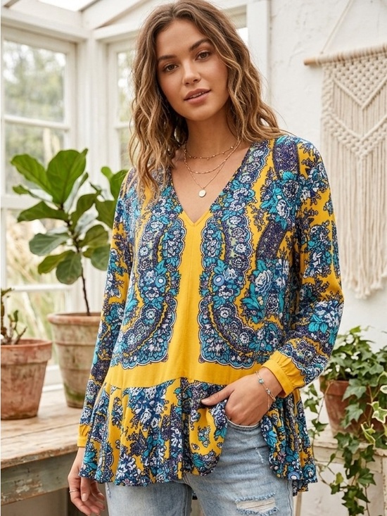 Free People Tops - Free People Boho Yellow and Blue Paisley Peplum Top